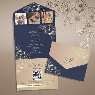 Elegante Navy-Blau-Hochzeits-QR-Code-Hochzeit All In One Einladung