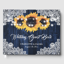 Elegante Navy-Blau-Holz-Spitzen-Sonnenblumen-Hochz Gästebuch