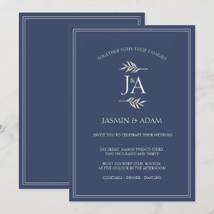 Elegante Navy-Blau-Klassische-Initialen-Hochzeit  Einladung