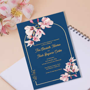 Elegante Navy-Blau-Magnolie-Blumenhochzeit Einladung