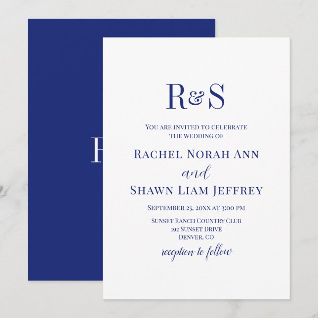 Elegante Navy-Blau Moderne Monogramm-Hochzeit Einladung (Vorne/Hinten)