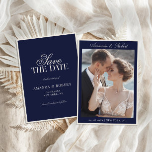 Elegante Navy Blau Old Money Foto Hochzeit Save The Date