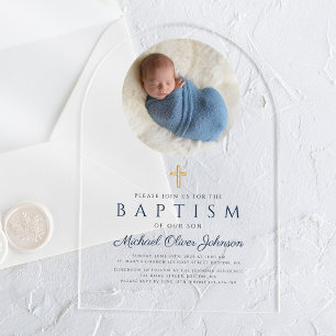 Elegante Navy-Blau Schrift Jungen Foto-Taufe Acryleinladungen