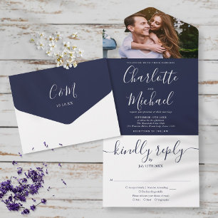 Elegante Navy-Blau-Schrift-Monogramm-Foto-Hochzeit All In One Einladung
