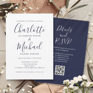 Elegante Navy-Blau-Schrift-QR-Code-Hochzeit Einladung