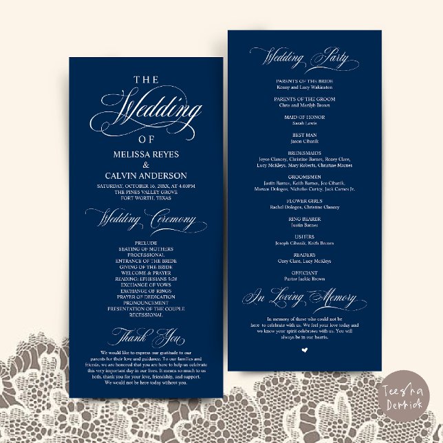 Elegante Navy-Blau-Script-Hochzeitszeremonie Programm (Elegant Navy Blue Script Wedding Ceremony Order Program Card)