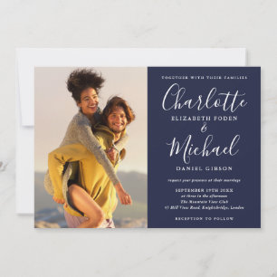 Elegante Navy-Blau-Signatur-Schrift-Fotos-Hochzeit Einladung