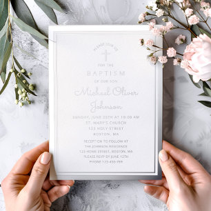 Elegante Navy-Blau-Silber-Schrift religiöse Taufe Folieneinladung