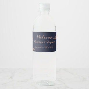 Elegante Navy Blau und Falsche Rose Gold Hochzeit Wasserflaschenetikett