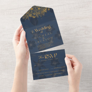 Elegante Navy-Blau und Gold Blumen-Foto-Hochzeit  All In One Einladung