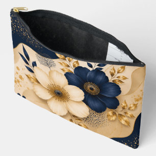 Elegante Navy-Blau- und Gold-Botanical-Blumenmuste Zubehörtasche