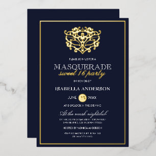 Elegante Navy-Blau- und Gold-Masquerade-Sweet-16-P Folieneinladung