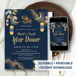 Elegante Navy-Blau und Gold Wasserfarbe Iftar Einladung