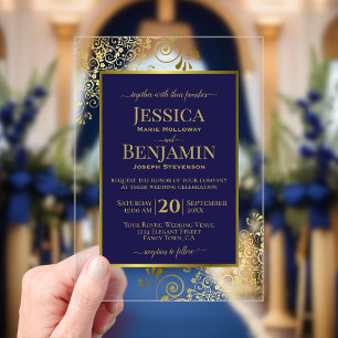 Elegante Navy-Blau- und Goldene stilvolle Hochzeit Acryleinladungen