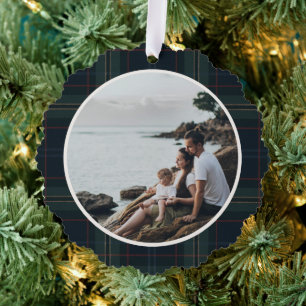 Elegante Navy-Blau und Grün karierte Foto-Weihnach Ornament Karte