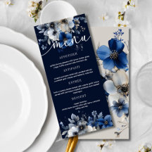 Elegante Navy-Blau und Silber Blumenhochzeitsmenü