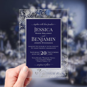 Elegante Navy-Blau- und Silber-Hochzeitstext Acryleinladungen