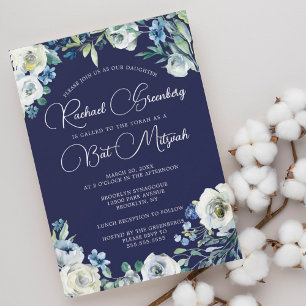 Elegante Navy-Blau-Weiße Blume Moderne Bat Mizwa Einladung