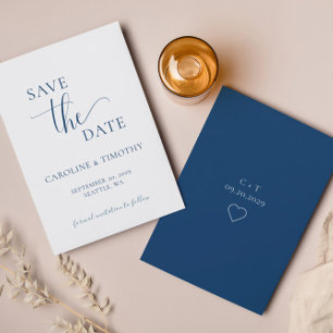 Elegante Navy-Blau-Weiße-Hochzeit-Save-The-Date-Ka Einladung
