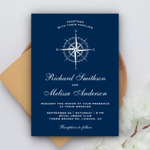 Elegante Navy-Blau-Weiße Nautische Kompass-Hochzei Einladung