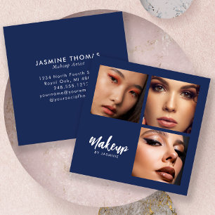 Elegante Navy Blau Weiße Schrift 3 Foto Make-up Quadratische Visitenkarte