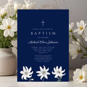 Elegante Navy-Blau-Wildblumen-Taufe Einladung