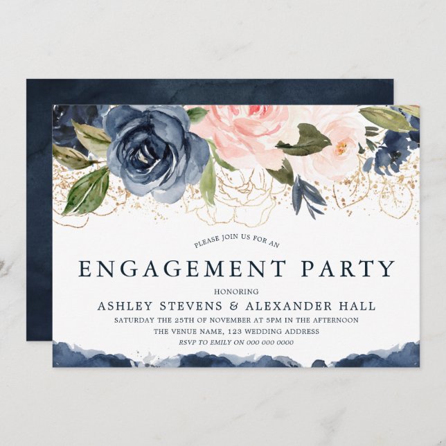 Elegante Navy Bloral Gold Blush Engagement Party Einladung (Vorne/Hinten)