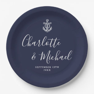 Elegante Navy Blue Anchor Nautical Wedding Pappteller