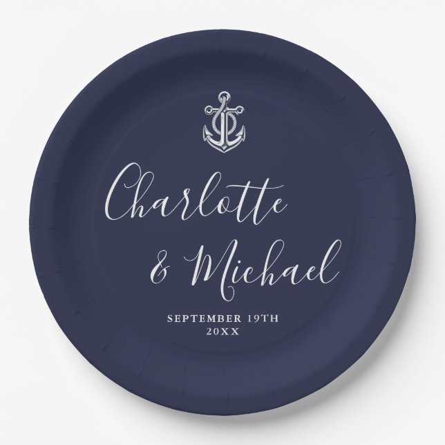 Elegante Navy Blue Anchor Nautical Wedding Pappteller (Vorderseite)