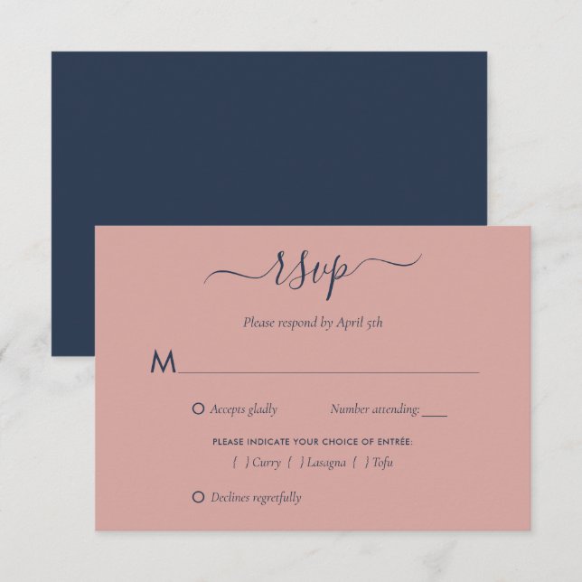 Elegante Navy Blue and Blush Wedding RSVP Cards Karte (Vorne/Hinten)