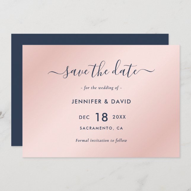 Elegante Navy Blue and Blush Wedding Save The Date (Vorne/Hinten)