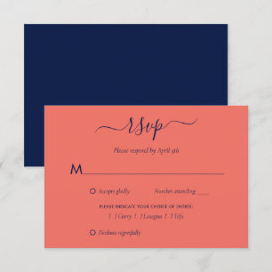 Elegante Navy Blue and Coral Wedding RSVP Card Mee Karte