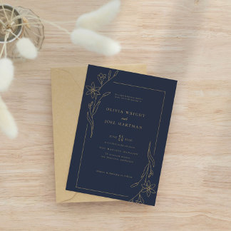 Elegante Navy Blue and Gold Floral Frame Wedding Einladung