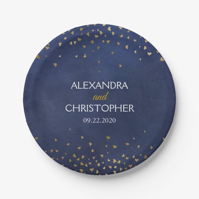 Elegante Navy Blue and Gold Foil Confetti Wedding Pappteller (Vorderseite)