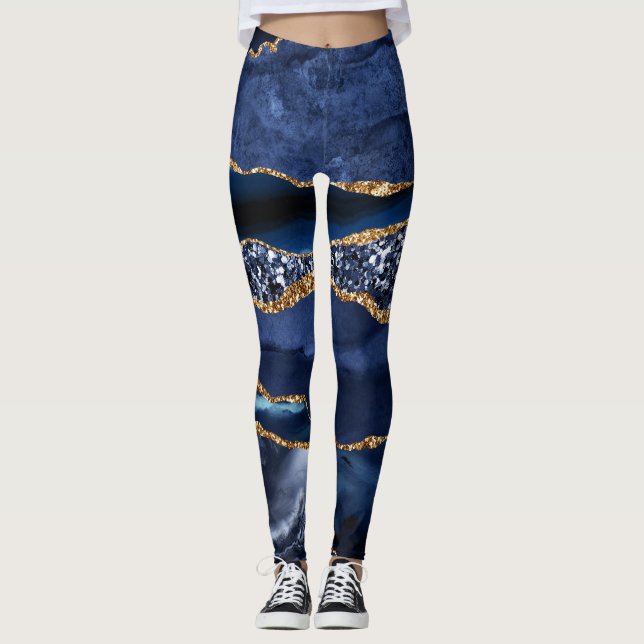 Elegante Navy Blue and Gold Glitzer Ocean Agate Leggings (Vorderseite)