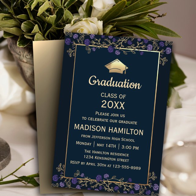 Elegante Navy Blue and Gold Graduation Party Einladung (Elegant Navy Blue and Gold Graduation Party Invitation, 
 #purpleinvitation #purplegraduation )