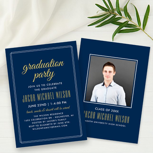 Elegante Navy Blue and Gold Graduation Party Einladung (Von Creator hochgeladen)