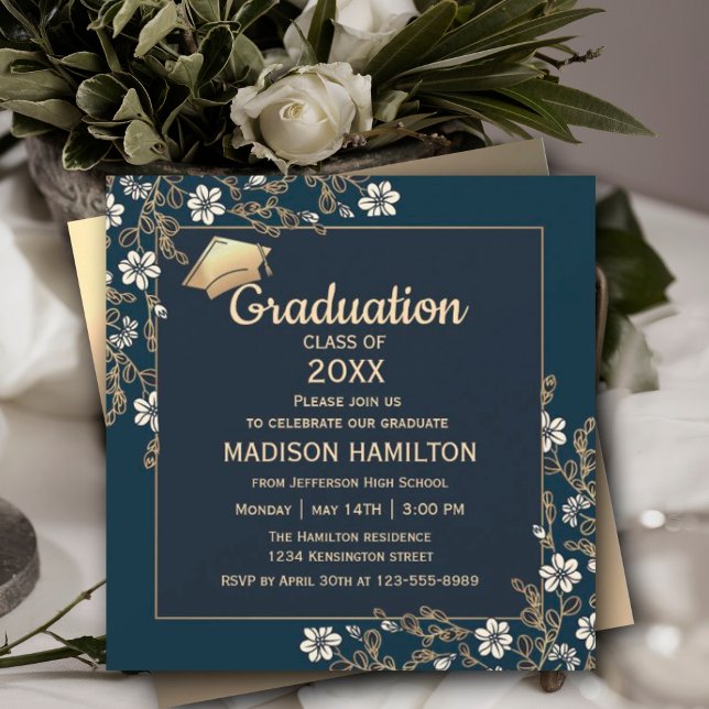 Elegante Navy Blue and Gold Graduation Party Einladung (Elegant Navy Blue and Gold Graduation Party Invitation, Gold Frame Luxury Graduation,  #navygold)