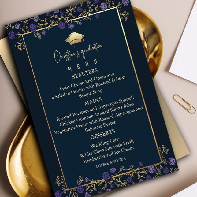 Elegante Navy Blue and Gold Graduation Party Menü Einladung (Elegant Navy Blue and Gold Graduation Party Invitation, #purplegraduate #paurplegoldinvitation)