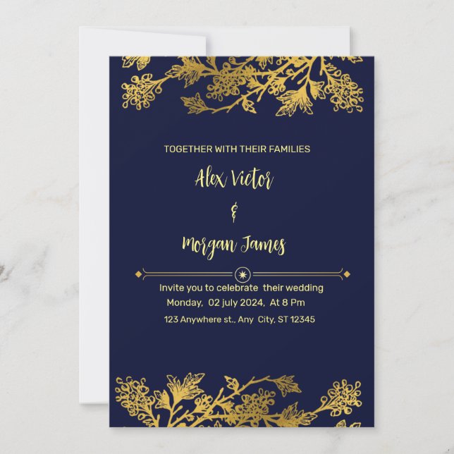 Elegante Navy Blue and Gold Hochzeit Einladung (Vorderseite)