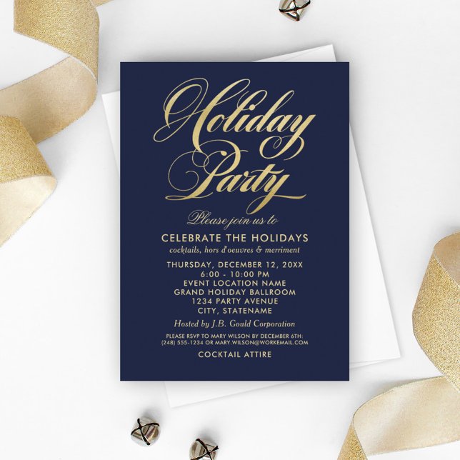 Elegante Navy Blue and Gold Script Holiday Party Einladung (Von Creator hochgeladen)