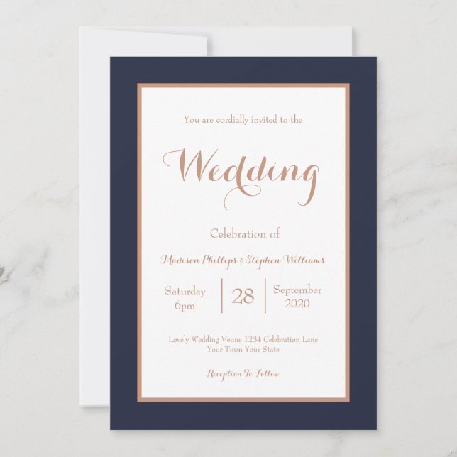 Elegante Navy Blue and White Imitats Rose Gold Wed Einladung (Vorderseite)