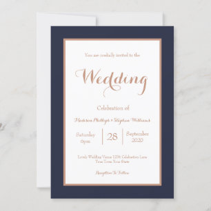 Elegante Navy Blue and White Imitats Rose Gold Wed Einladung