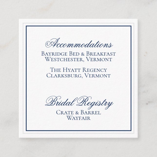 Elegante Navy Blue and White Wedding Details Card Begleitkarte (Vorderseite)
