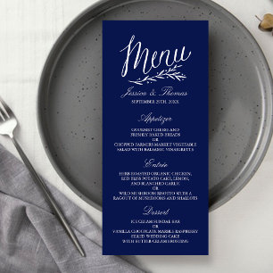 Elegante Navy Blue and White Wedding Menu Vorlagen Werbekarte