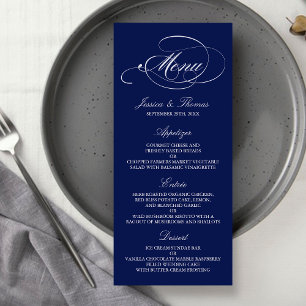 Elegante Navy Blue and White Wedding Menu Vorlagen Werbekarte