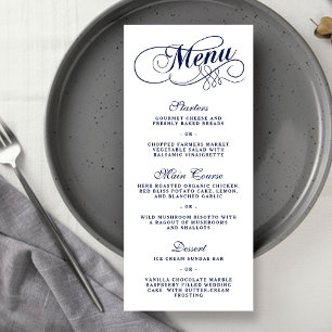 Elegante Navy Blue and White Wedding Menu Vorlagen Werbekarte