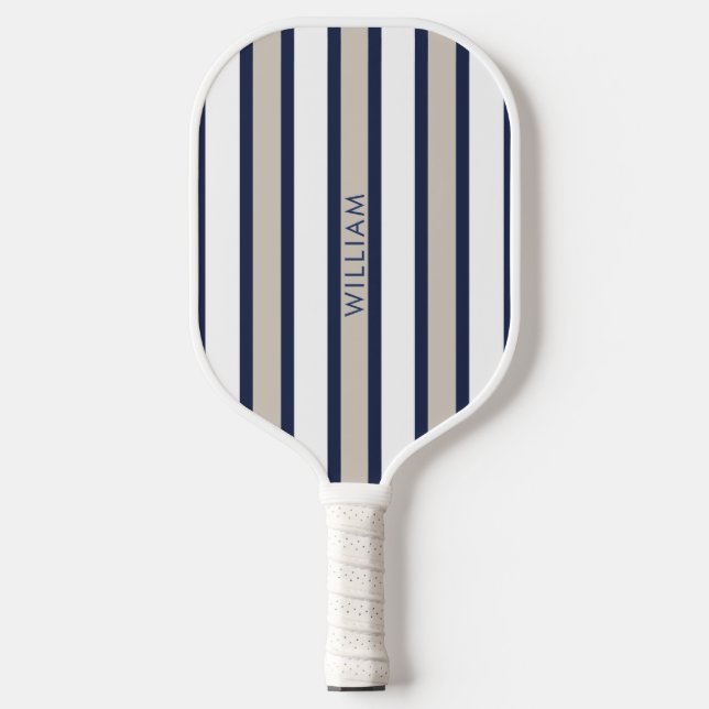 Elegante Navy Blue & Beige Streifen Personalisiert Pickleball Schläger (Vorderseite)