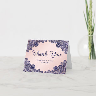 Elegante Navy Blue Blush Chic Floral Lace Hochzeit Dankeskarte