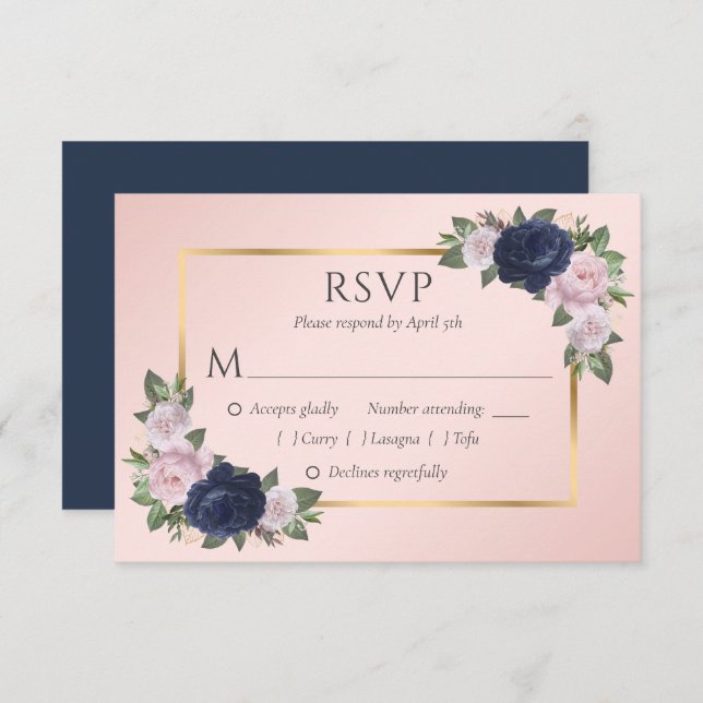 Elegante Navy Blue Blush Gold Wedding RSVP Karten (Vorne/Hinten)